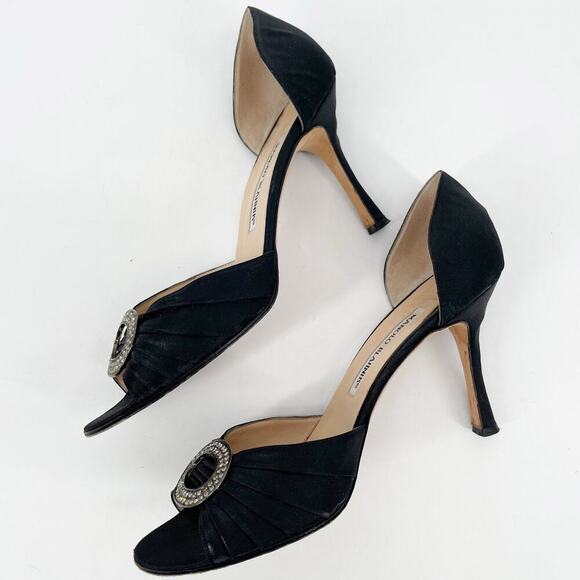 Manolo Blahnik y2k Black Satin Sedaraby Crystal D’Orsay Peep Toe Heels IT 39 - Picture 4 of 11